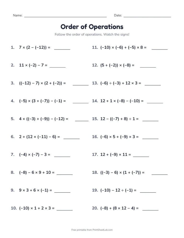 Order of operations with negative numbers worksheet