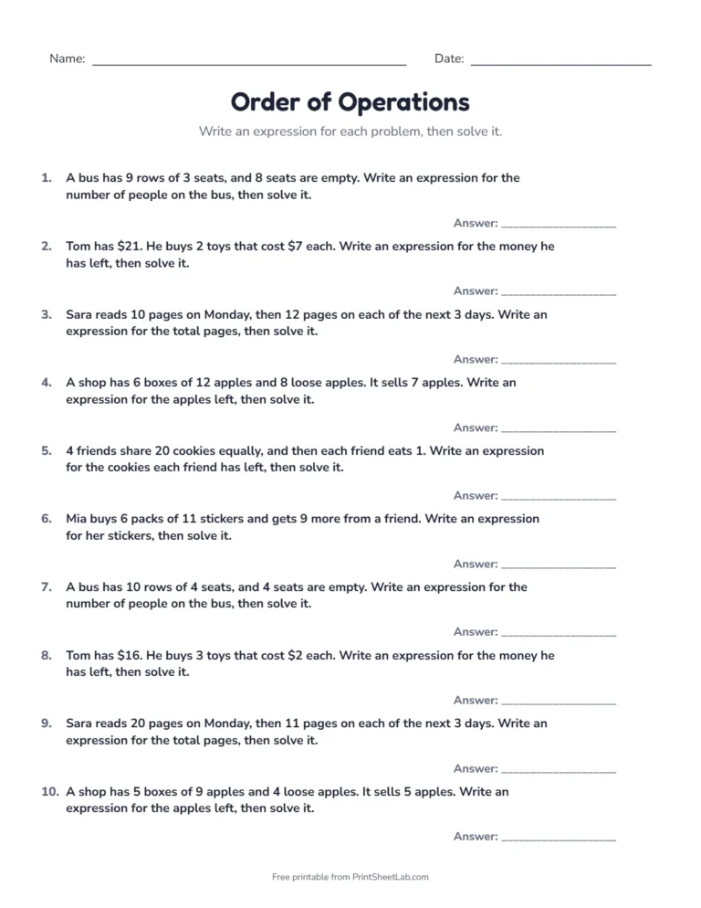 Order of operations word problems worksheet