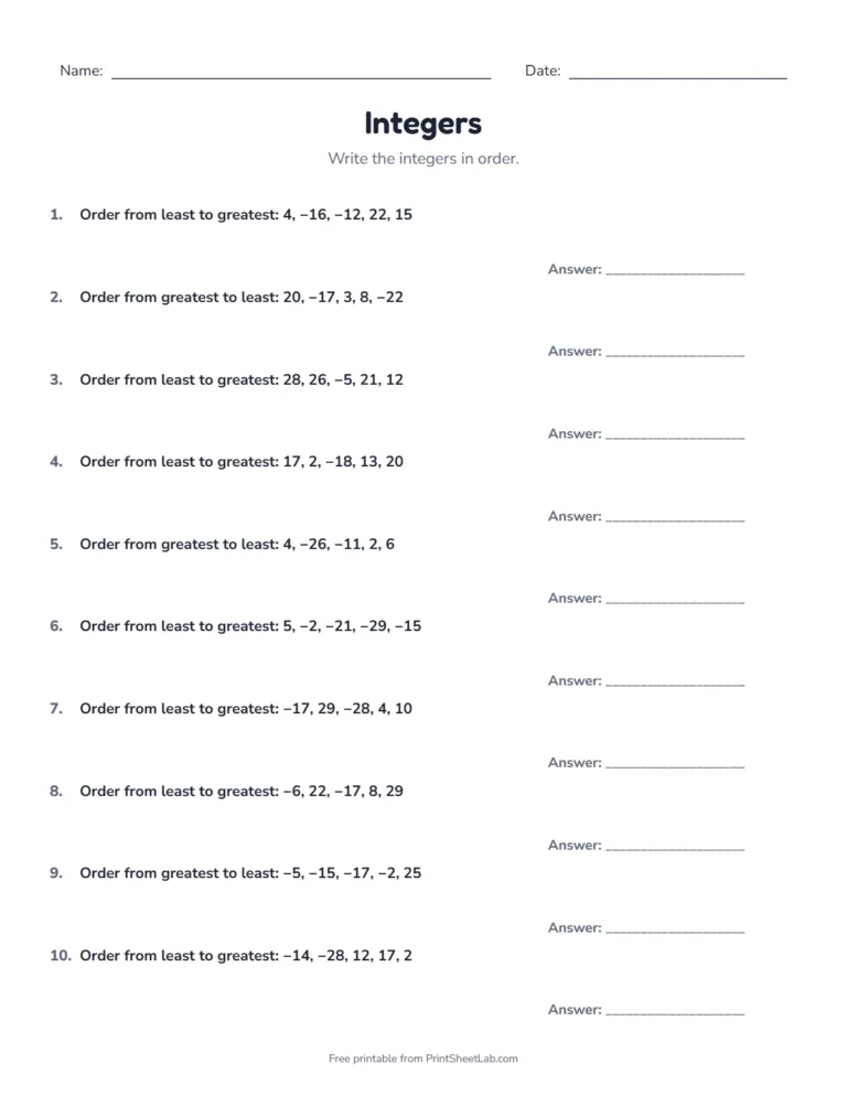 Ordering integers worksheet: least to greatest and greatest to least