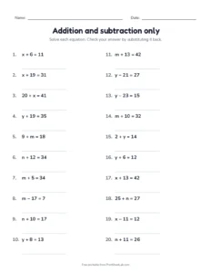 Addition and subtraction only printable worksheet for grade 6