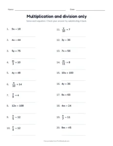 Multiplication and division only printable worksheet for grade 6