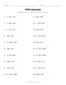 With decimals printable worksheet for grades 6 and 7