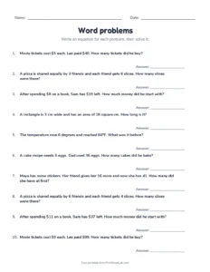 Word problems printable worksheet for grades 6 and 7