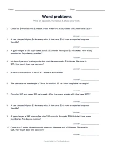 Word problems printable worksheet for grade 7
