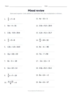 Mixed review printable worksheet for grades 7 and 8