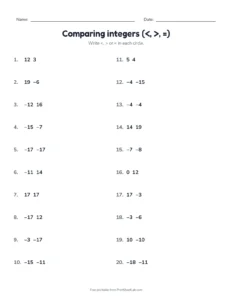 Comparing integers (, =) printable worksheet for grade 6
