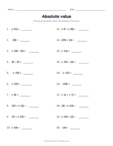Absolute value printable worksheet for grade 6