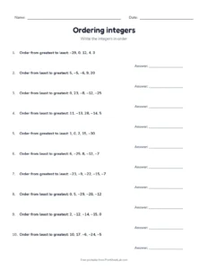 Ordering integers printable worksheet for grade 6