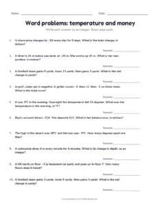 Word problems: temperature and money printable worksheet for grade 7