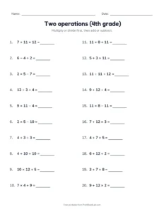 Two operations (4th grade) printable worksheet for grade 4