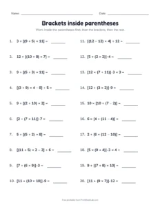 Brackets inside parentheses printable worksheet for grades 5 and 6