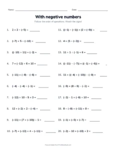 With negative numbers printable worksheet for grades 6 and 7