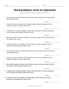 Word problems: write an expression printable worksheet for grades 5 and 6