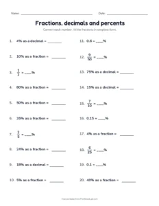 Fractions, decimals and percents printable worksheet for grade 6