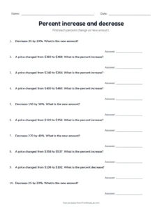Percent increase and decrease printable worksheet for grade 7