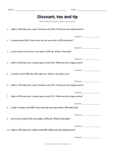 Discount, tax and tip printable worksheet for grade 7