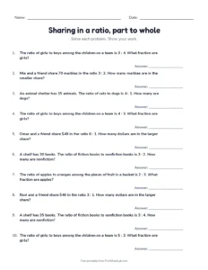 Sharing in a ratio, part to whole printable worksheet for grade 6
