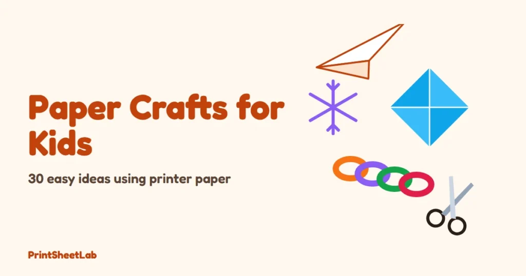 Paper crafts for kids cover with a paper plane, a fortune teller, a paper chain and a snowflake