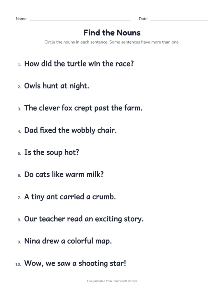Noun verb adjective worksheet: find the nouns in ten sentences