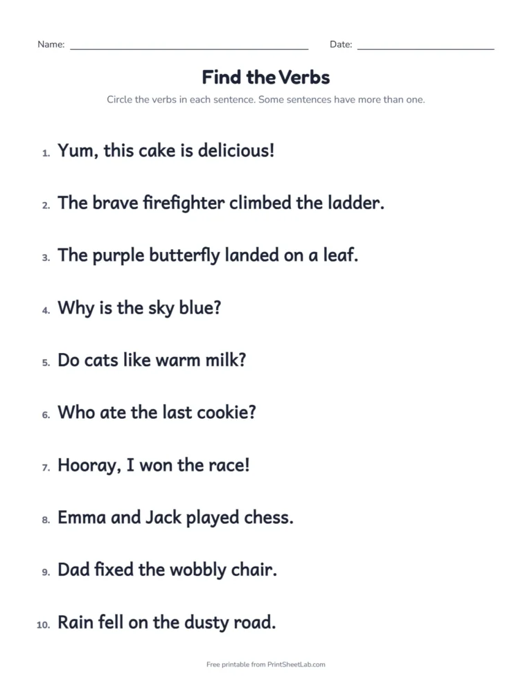 Noun verb adjective sort practice: find the verbs in ten sentences