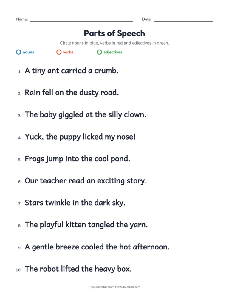 Parts of speech worksheets: circle nouns in blue, verbs in red and adjectives in green