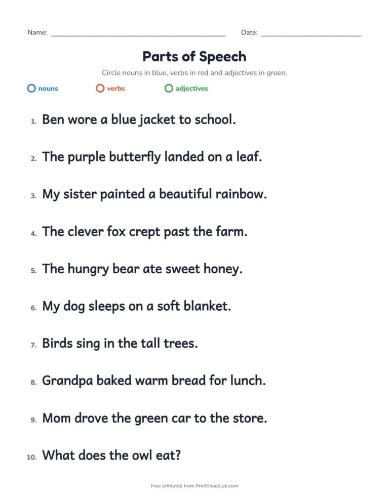 Nouns worksheets for grade 1: circle nouns in blue, verbs in red and adjectives in green