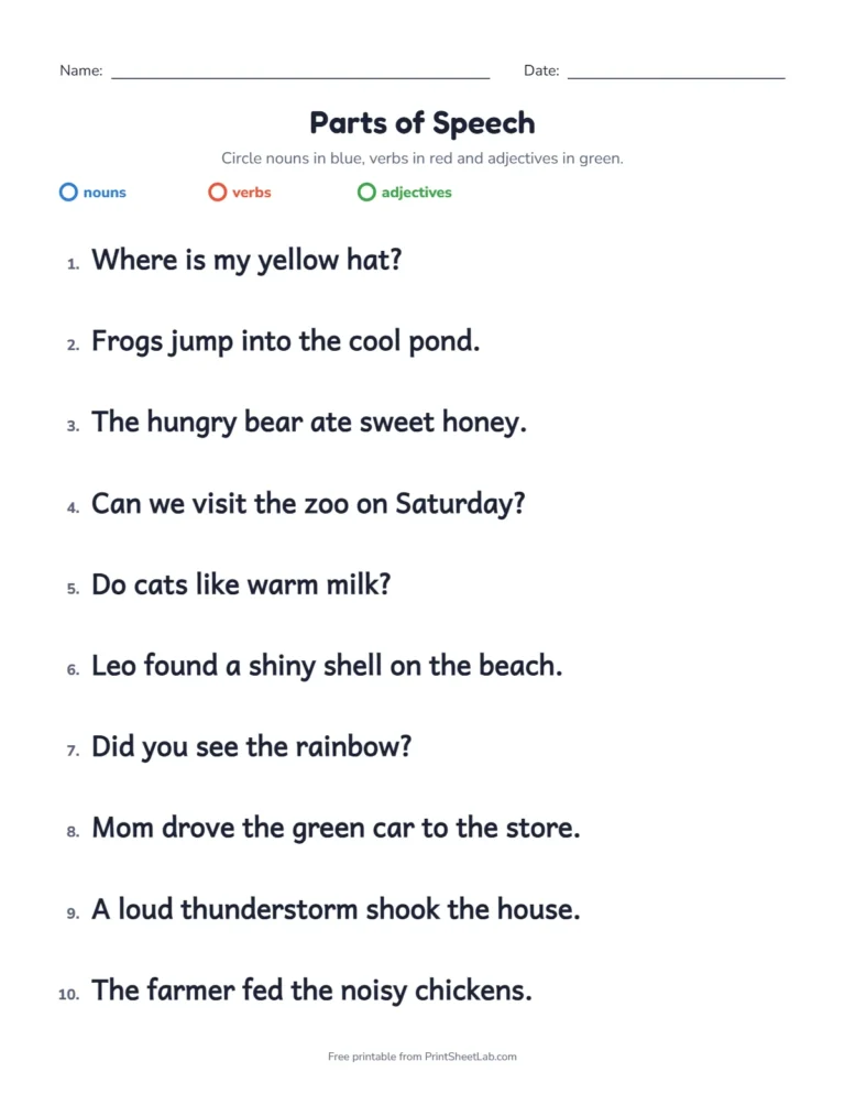 Verbs worksheets for grade 1: circle nouns, verbs and adjectives in different colors
