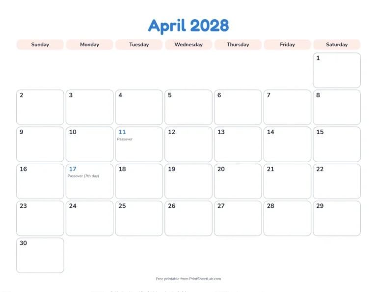 April 2028 calendar with Passover 2028 marked