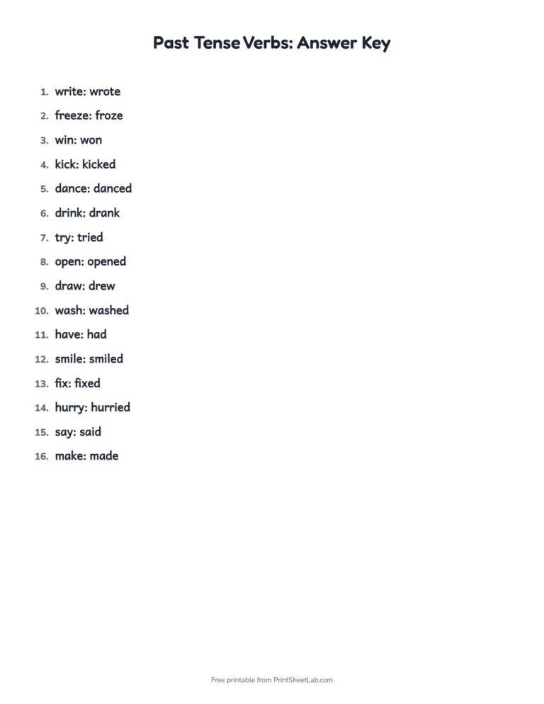 Past tense verbs worksheet answer key listing each verb and its past tense