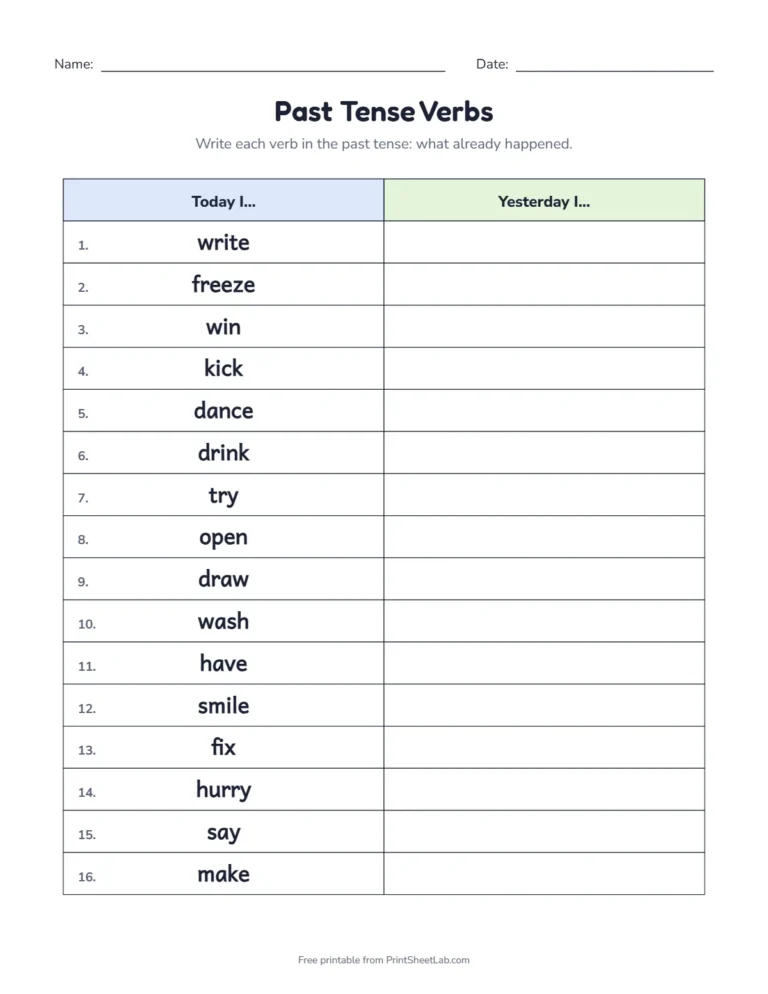 Past tense verbs worksheets: write the today and yesterday forms of 16 verbs