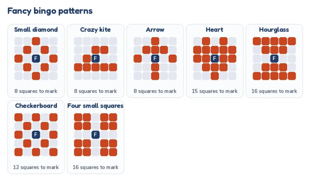 Bingo pattern ideas: diamond, kite, arrow, heart, hourglass, checkerboard and four small squares