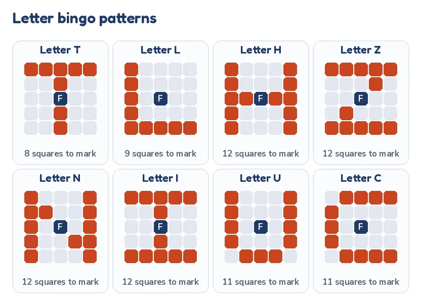 Special bingo patterns shaped like the letters T, L, H, Z, N, I, U and C on a 5 by 5 card