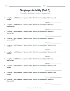 Simple probability (Set B) printable worksheet for grade 7