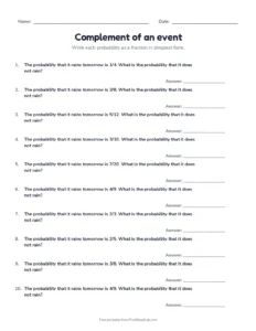 probability worksheets: complement of an event