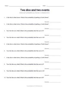 probability of two dice worksheet