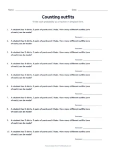 Counting outfits printable worksheet for grade 7