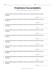 Predictions from probability printable worksheet for grade 7