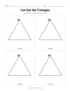 Cutting triangles printable worksheet for ages 4 to 5