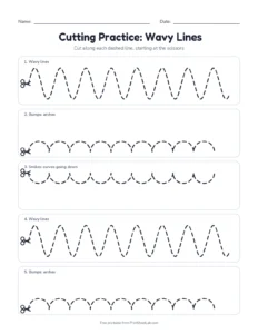 Cutting wavy lines printable worksheet for ages 4 to 5