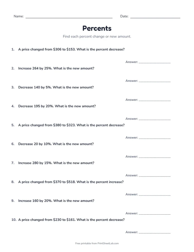 Percent increase and decrease worksheet