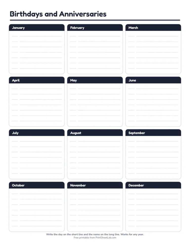 Perpetual birthday calendar in black and white