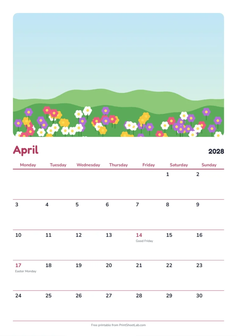 Photo calendar for April 2028 on A4 with a spring flowers picture and UK holidays