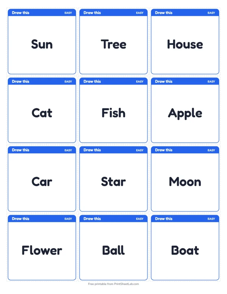 Pictionary words: printable cards for the easy level, 12 on a page
