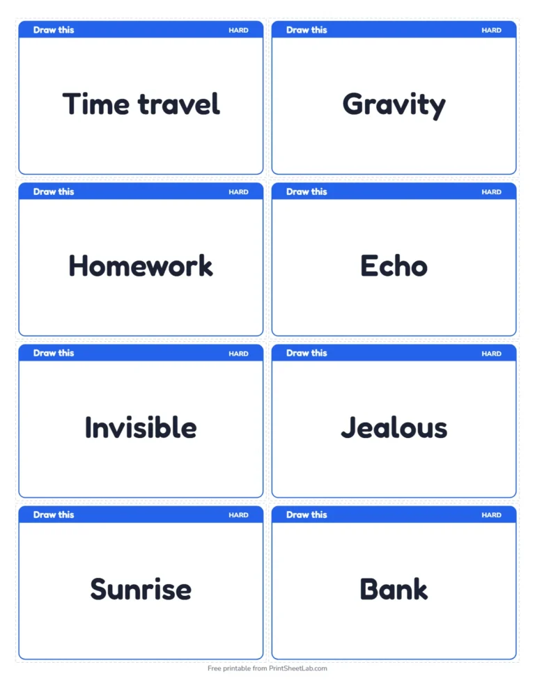 Pictionary words big cards for the hard level, 8 on a page