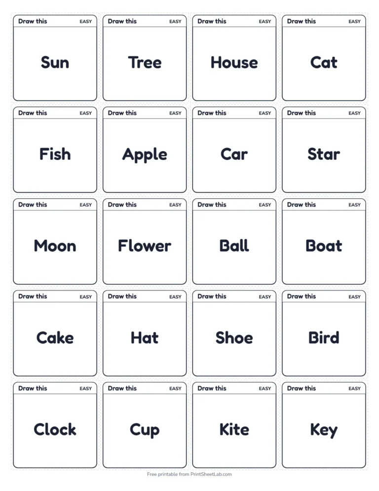 Pictionary words small cards in black and white, 20 on a page