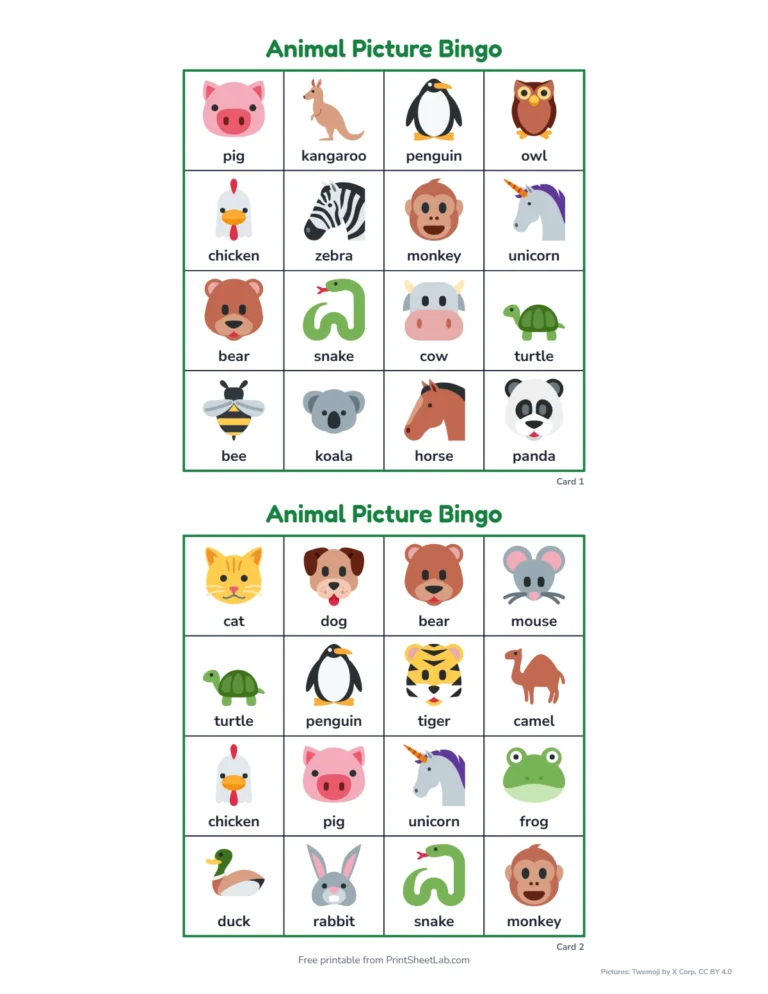 Picture bingo for kids printable: 4 by 4 animal picture cards with a word under each picture