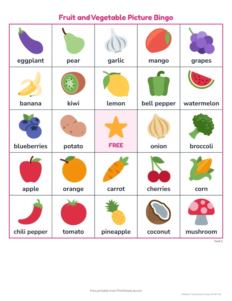 Free picture bingo cards: a 5 by 5 fruit and vegetable card with a free star in the middle