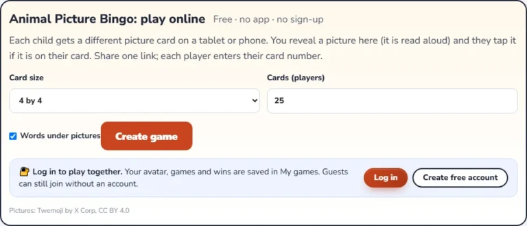 Play picture bingo for kids online: the setup screen with card size and player count