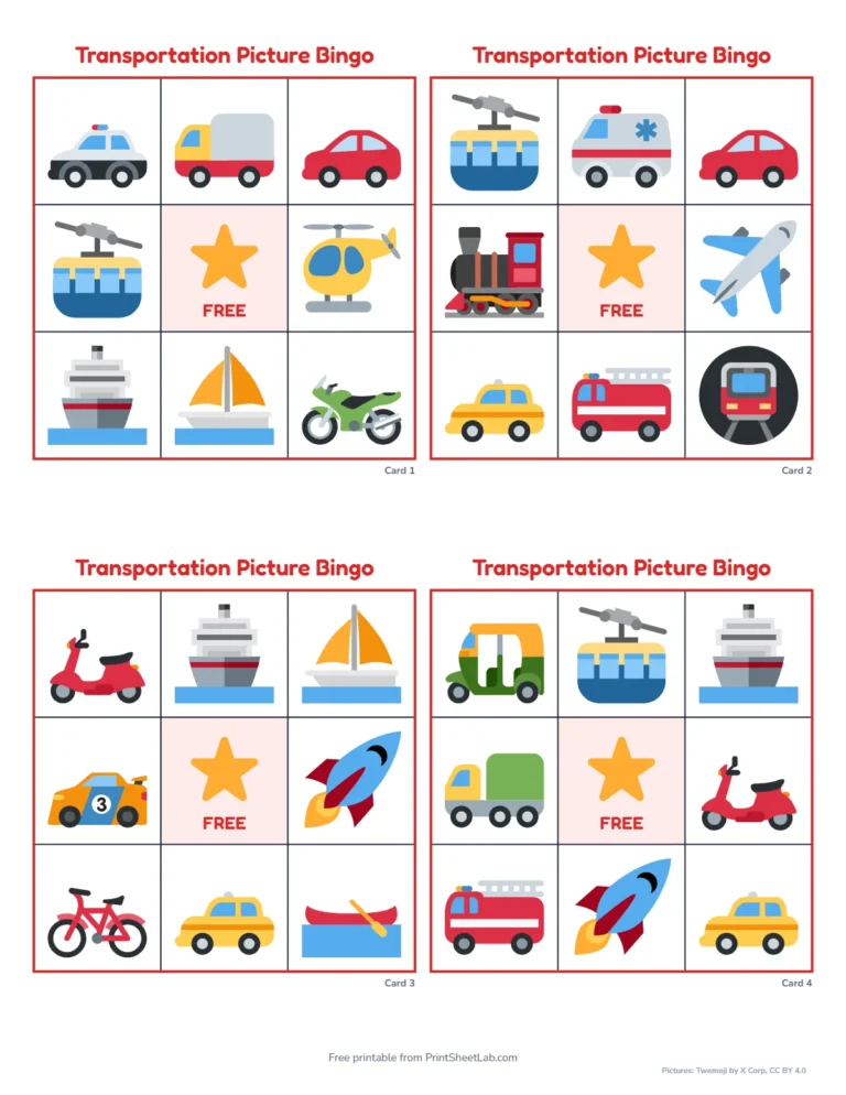 Picture bingo cards for preschoolers: 3 by 3 vehicle picture cards with a free star