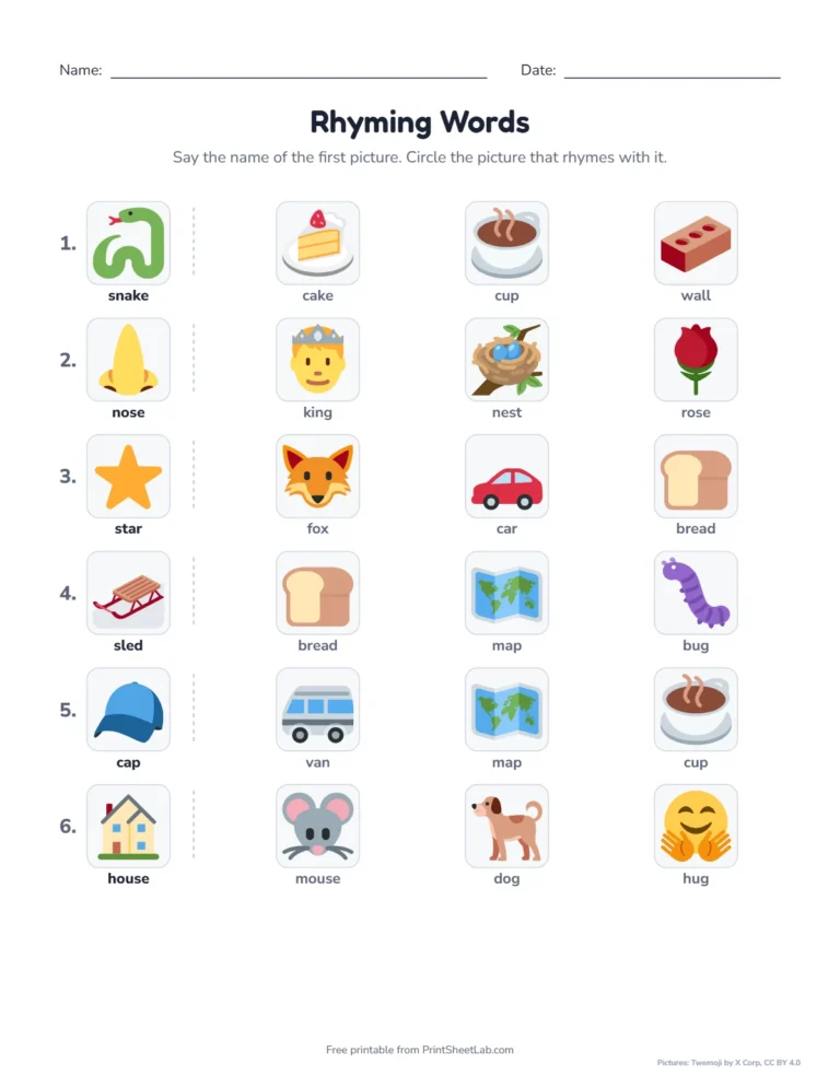 Rhyming pictures worksheet: circle the picture that rhymes, with answer key